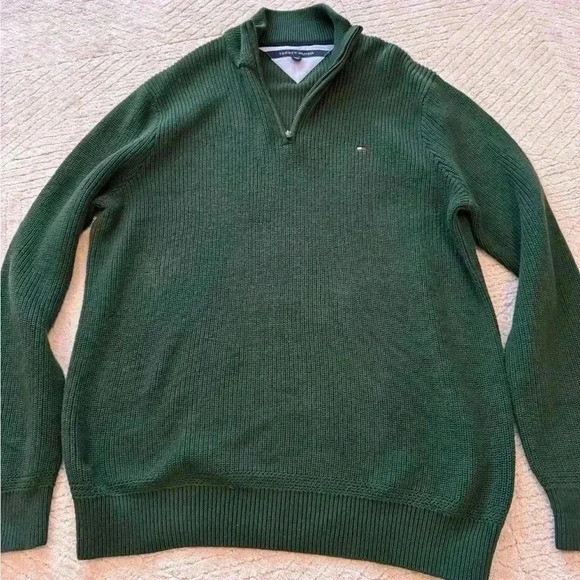 tommy hilfiger mens quarter zip sweater XL green knitted mock turtle neck - Picture 5 of 8